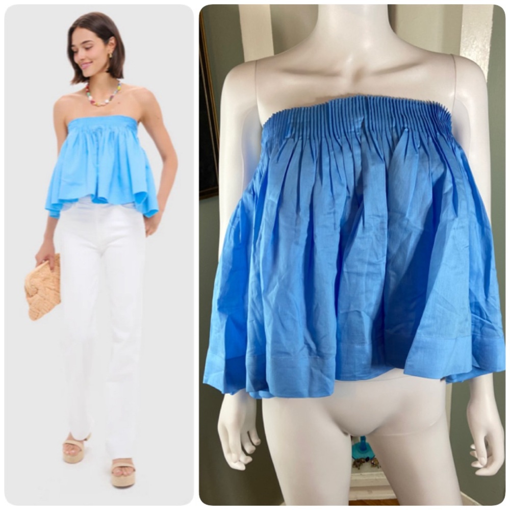 New nwt Hyacinth House Azure Blue Shirred Shirley Strapless Blouse Tube Top L - Picture 2 of 11